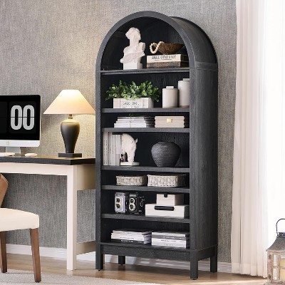 SinCiDo Arched Bookshelf, Modern Farmhouse Bookshelf Storage Cabinet w/Adjustable Shelves, Wood Bookshelf w/Open Display Shelf for Home Office