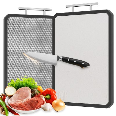 Cutting board, 2-in-1 cutting board with stainless steel and wheat straw, double-sided cutting board with handle, 16" x 11" cutting board for kitchen