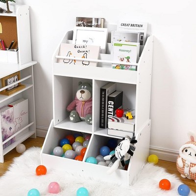Kids Bookshelf and Toy Storage, Wooden Toy Organizers with Spacious Top Shelf Display for Boys, Girls, Kids Room, Nursery, Play Room