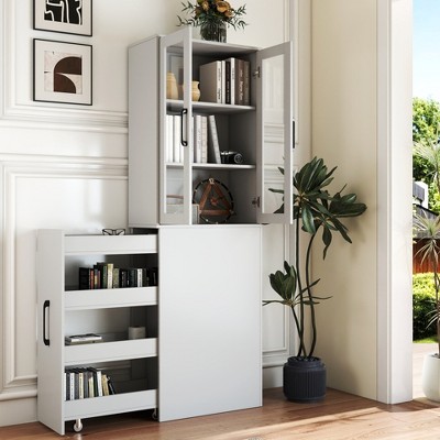 MOEPISY 70.87 inch H Display Tall Storage Office Cabinets, 4 Tier Multi-Functional Storage Shelf & 2 Glass Doors, White