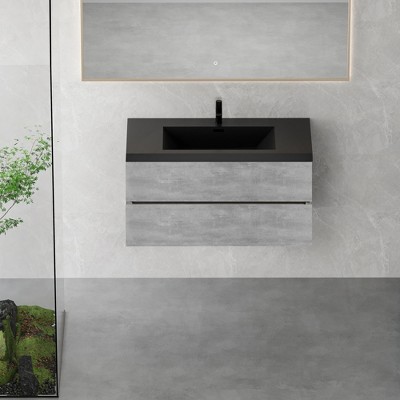 Whisen Minimalist Floating Wall-Mounted Bathroom Vanity with Integrated Quartz Sand Sink and  Storage Drawers - Grey
