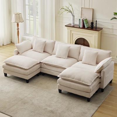 GustoWave 146" Modular Sectional Sofa, Cloud Couch with Movable Ottoman & Throw Pillows, Modern Corduroy Sofa, Comfy Deep Seat Couch