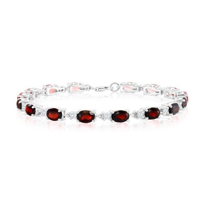 Simona Sterling Silver, Oval 8.80ct Garnet & 0.64ct White Topaz Gem Bracelet - Red - 7.5 Inch
