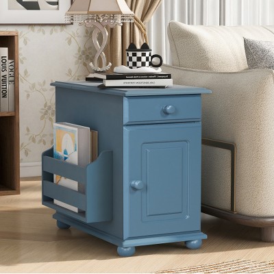 LIVAREEmlen Vintage End Table Flip Top Side Table with USB Ports and cup holders, Sofa Couch Table with Bookshelf for Living room and Small Space