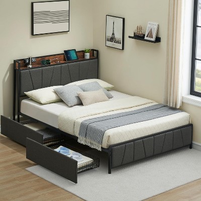Bed Frame with Storage Headboard and 2 Drawers, Linen Upholstered Platform Bed Frame with Charging Station No Box Spring Needed