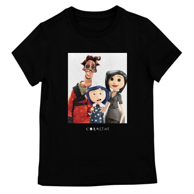 Coraline with Other Mother and Other Father, Movie Title Text, on Black Girls T-Shirt