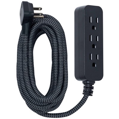 GE 3-Outlet Extension Cord 15' Braided Cord Black/Gray: Indoor Flat Plug, 16 AWG, 13 Amps, Lifetime Warranty