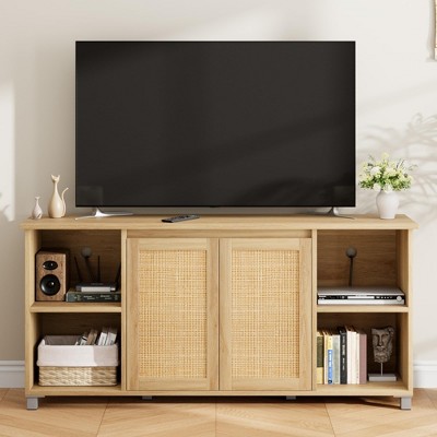 62.6" TV Stand for TVs up to 70", Mid Century Modern Entertainment Center with 2 Rattan Doors & 4 Open Shelves, Boho Media TV Console