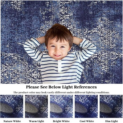 Boho Chenille Washable Area Rug with Distressed Damask Print, Non-Slip TPR Backing, Stain Resistant Carpet for Living Room, Bedroom, Entryway