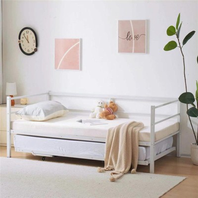 Karl Home White Twin Size Daybed with Pop Up Trundle Heavy Duty Metal Twin Bed with Trundle No Box Spring Needed