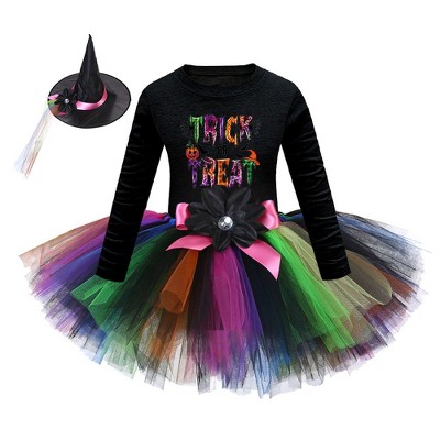 MyKids-USA Arrival Girls’ Halloween Costume: Long Sleeves Cartoon Printed Witches Cosplay Party Tulle Patchwork Dress with Hat Set