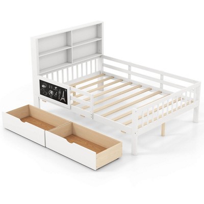 Costway Twin/Full Size Bed Frame with 2 Drawers Bookcase & Blackboard Full-length Guardrails