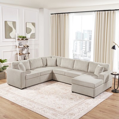 ModernLuxe Oversized U-Shaped Sectional Sofa with Chaise Lounge, 115.3"W Corduroy Sectional Sofa with 3 Throw Pillows, Light Gray/Black