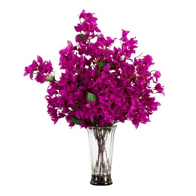 Nearly Natural 30-in Artificial Bougainvillea Arrangement in Glass Vase, Pink
