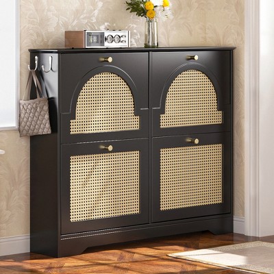 GDFStudio Raven Mid-Century Modern Rattan Wooden Shoe Rack with 4 Flip Drawers