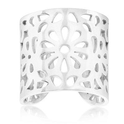 ELYA Polished Floral Stainless Steel Open Cuff Ring