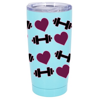 100 North 20 Ounce Stainless Steel On the Go Travel Tumbler With Push Top Lid, Hearts and Weights Teal