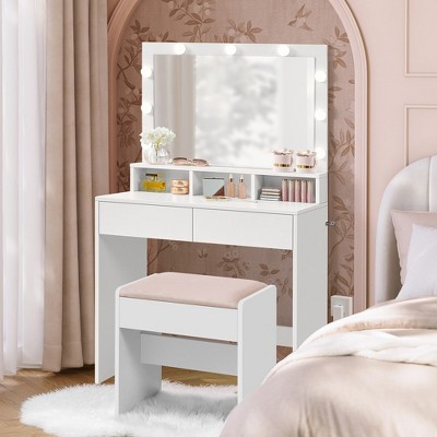 VASAGLE Vanity Desk with Mirror and Lights, Makeup Vanity with Upholstered Vanity Stool, 9 Dimmable LED Lights, 3 Compartments, 2 Drawers