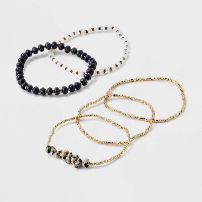 Mixed Semi-Precious Black Howlite Cylinder Beaded Bracelet Set 5pc - Universal Thread™ Gold/Black: Glass, Brass, Acrylic