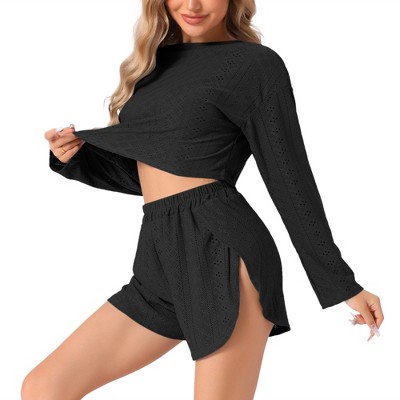 INSPIRE CHIC Women's Hollow Out Long Sleeve Tops with Shorts Outfits Pajamas Sets