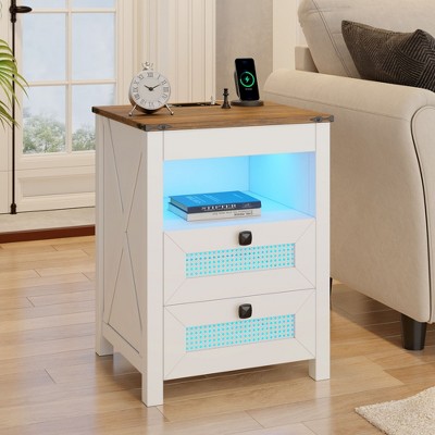 Vlsrka White Farmhouse Nightstand with Concealed Storage, USB & Type-C Ports, LED Motion Sensor Light for Rustic Interiors