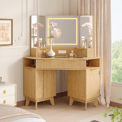 48" Corner Makeup Vanity w/ 3-Panel Illuminating Mirror - Fluted Glass Top & Base w/Drawers, Glam Vanity Organizer for Bedroom