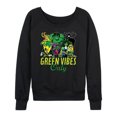Women's - Marvel - St. Patrick's Day Green Vibes Only Lightweight French Terry Wide Neck Long Sleeve Graphic Shirt