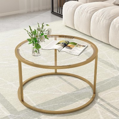 Summit Adventure 27" Gold Round Coffee Table - Glass Top & Metal Frame, Modern Space-Saving Design