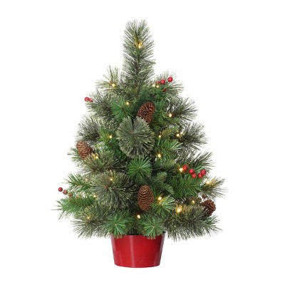 2ft Puleo Pre-Lit Tabletop Artificial Christmas Tree Red Base Clear Lights: Indoor Use, No Assembly Required
