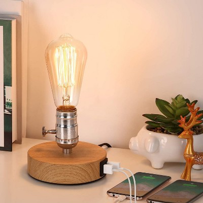 Oumilen Wood color disc small table lamp dual USB