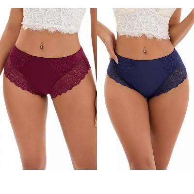 INSPIRE CHIC 2 Pcs Women's Wide Lace Trim Mid-Waisted Underwear Plus Size Full Coverage Comfortable Briefs