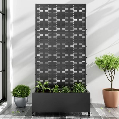 Wooakway Black Metal Planter Box with Trellis Raised Garden Bed with Arbor Privacy Screen with Wheels