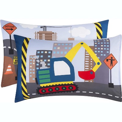 Everyday Kids 2-Pack Standard Pillowcases 20x26” - Soft Breathable Microfiber - Toddler Little Boy Twin/Full Bed - Construction Theme