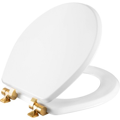 Benton Soft Close Enameled Wood Toilet Seat Never Loosens Brushed Gold Hinge White - Mayfair by Bemis