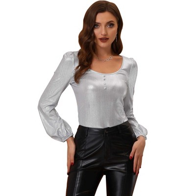 Allegra K Women's Scoop Neck Lantern Sleeve Shiny Metallic Glitter Tops