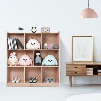 8-Section Wooden Toy Storage Cabinet with 4 Hidden Wheels & 2 Bins -  Bookshelf for Kids - Perfect for Home, School, and Kindergarten Organization