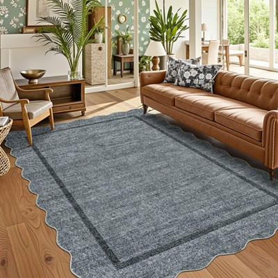 Scalloped Edge Area Rugs for Living Room Bedroom Modern Washable Rug Soft Non Slip Low Pile Carpet Home Decor
