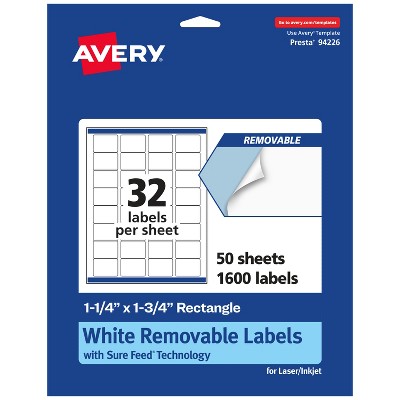 Avery Matte White Removable Rectangle Labels with Sure Feed Technology, 1.25" x 1.75"