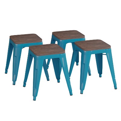 Flash Furniture 18" Backless Table Height Stool with Wooden Seat, Stackable Metal Indoor Dining Stool, Commercial Grade - Set of 4