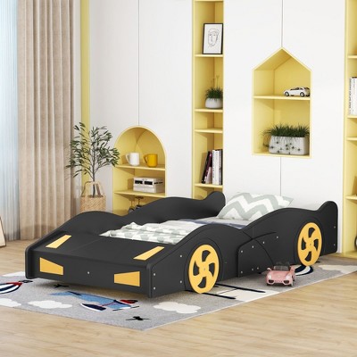 CAVINAS Twin/Full Size Race Car-Shaped Platform Bed with Storage&Wheels,Wooden Bed Frame for Kids Room,Bedroom