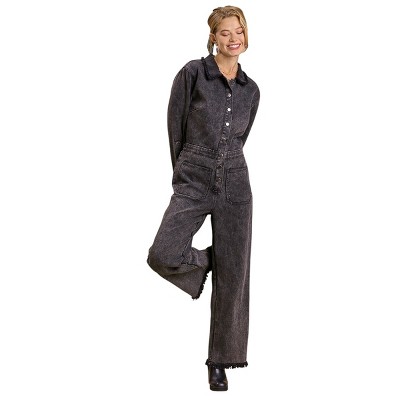 Slickblue Women’s Stone Wash Wide-Leg Distressed Jumpsuit, Button-Down Front, Side Pockets, Edgy Look, S-L, Black