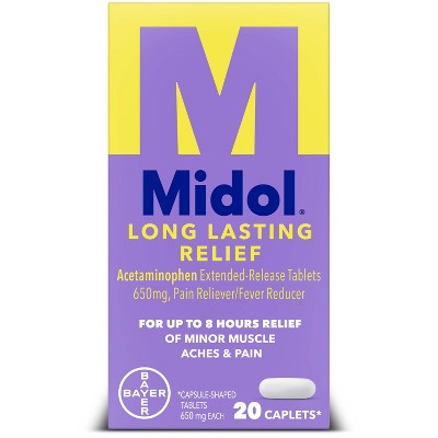 Midol Menstrual Relief Long Lasting Pain Reliever Caplets with Acetaminophen for Menstrual Period Pain Symptoms - 20ct