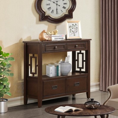 Sapphtopaz Farmhouse Console Table with 4 Drawers and Open Shelf, Entryway Table with Side Hollowed, TV Stands for Living Room, Entryway