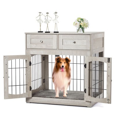 Dog Crate Furniture with Cushion, Heavy Duty Indoor Dog Kennel with 3 Doors and 2 Storage Drawers, Wooden Pet House Side End Table