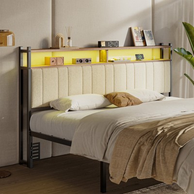 Pinmoco Full/Queen/King LED Headboard, Linen Upholstered Storage Headboard with Charging Station