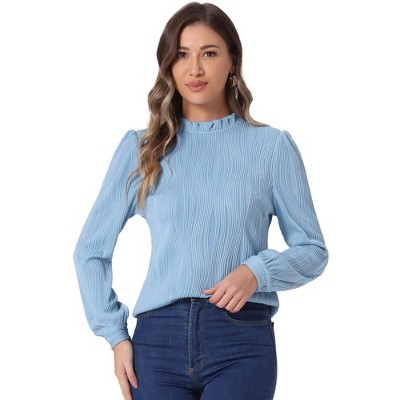 Allegra K Women's Texture Long Sleeve Casual Office Ruffled Mock Neck Tops