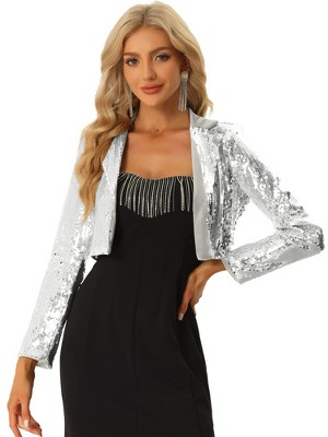 INSPIRE CHIC Women's Velvet Notched Lapel Long Sleeve Sparkly Cropped Sequin Open Front Jacket