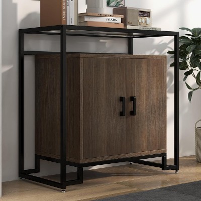 Jojoka Modern Cabinet with Tempered Glass Top – Farmhouse Buffet Sideboard with Steel Frame, Oak