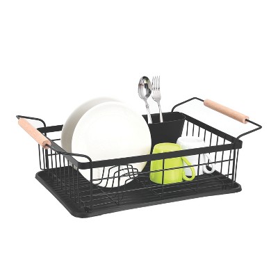 Trio Home 3-Piece Kitchen Counter Dish Drying Rack, wood handle, Removable Utensil Holder and Drainboard, Stainless steel
