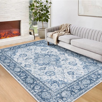 Area Rugs for Living Room Washable Non-Slip Backing, Boho Vintage Floral Printed Traditional Low Pile Soft Durable Floor Mat for Bedroom Dining Room